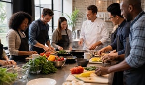 Team Cooking Workshop with Natural Lighting and Corner Perspective